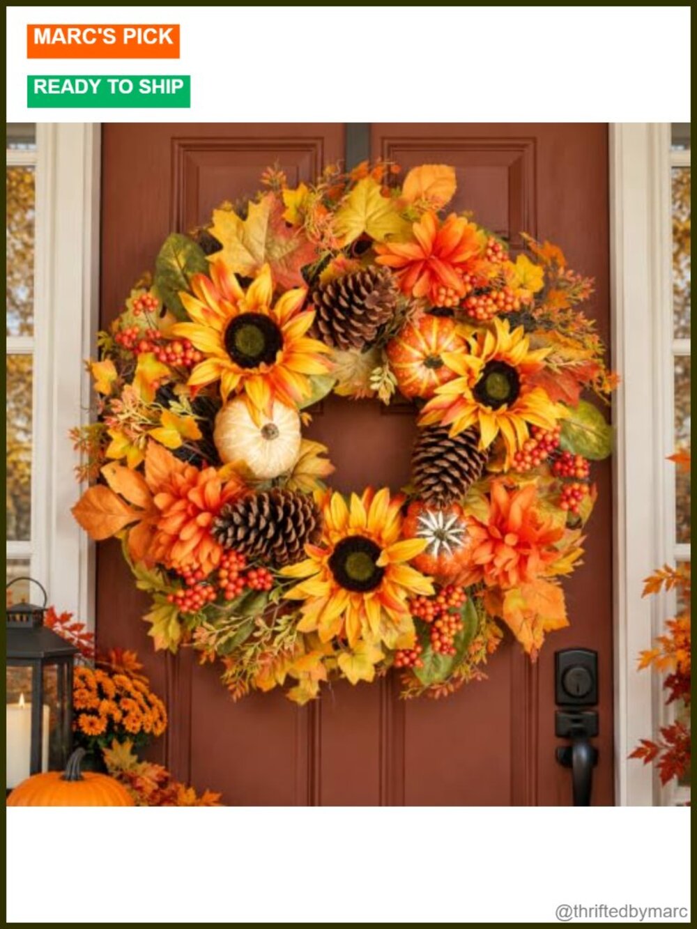 24 Inch Fall Front Door Wreath Sunflowers Pumpkins Pinecones Silk Plastic